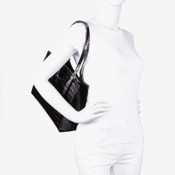 Lancaster Paris Glossy Black Leather Croc-Embossed Large Tote Bag *Minor Flaws* - Picture 4 of 16